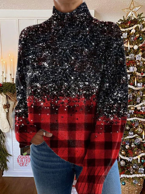 Glitter  Christmas  Print Knit Turtleneck Pullover Sweater