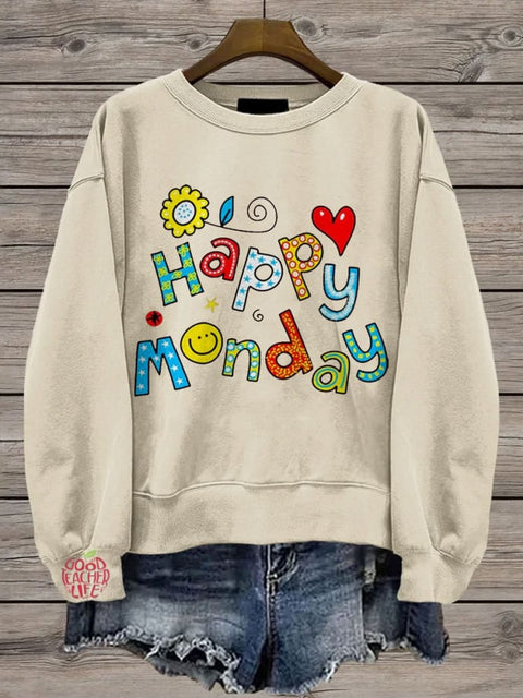 Happy Monday Teacher Casual Print Sweatshirt