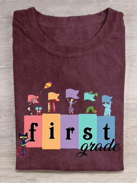 First Grade Pete The Cat Teacher Casual Print T-shirt