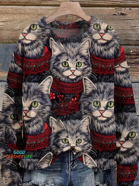 Retro Cat Christmas  Print Knit Pullover Sweater