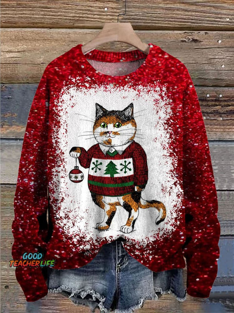Christmas Cat Shiny Gradient Funny Cute Print Knit Pullover Sweater