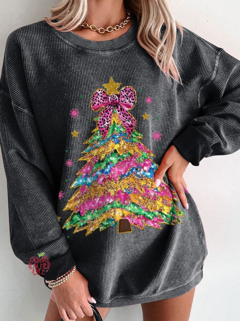 Women's Christmas Colorful Coquette Glitter Christmas Tree Casual Print Sweatshirt