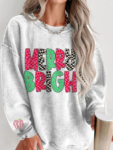 Christmas Merry and Bright Merry Women's  Casual Print Corduroy Sweatshirt