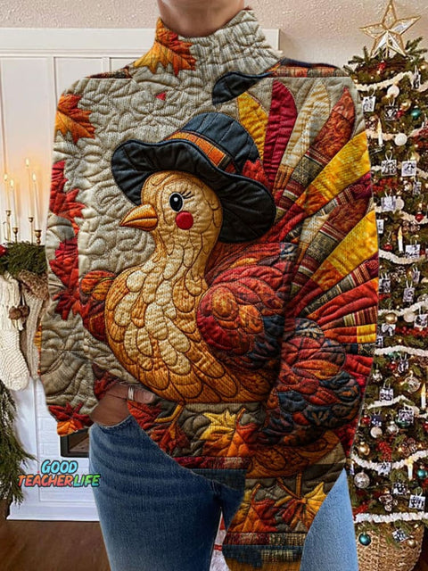 Turkey Art Print Knit Turtleneck Pullover Sweater