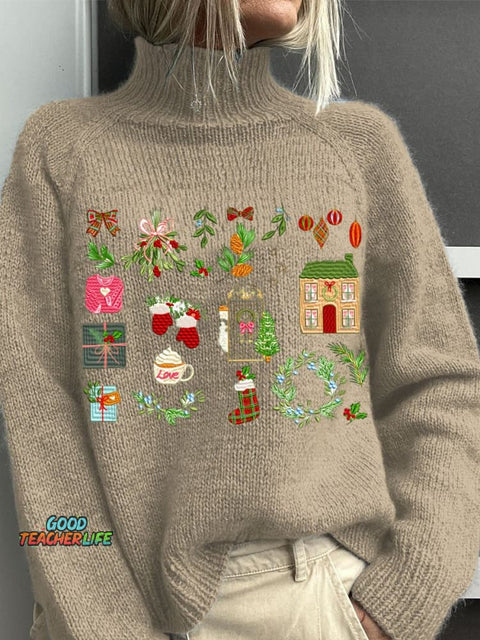 Embroidery   Christmas Art Print Knit Turtleneck Pullover Sweater