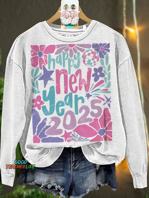 Retro Happy new year 2025 pastel floral Casual  Sweatshirt