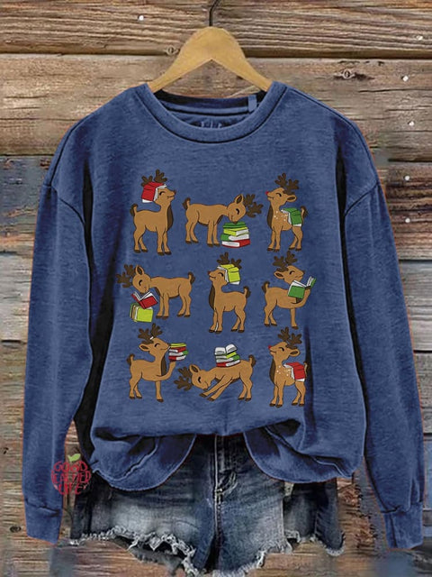 Reindeer Reading Teacher Christmas Book Lover Reading Teacher Casual Print Sweatshirt