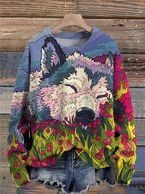 Cute Dog Floral Art Pattern Print Casual Knit Pullover Sweater