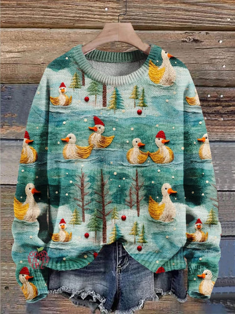 Christmas Gift Christmas Duck Art Print Knit Pullover Sweater