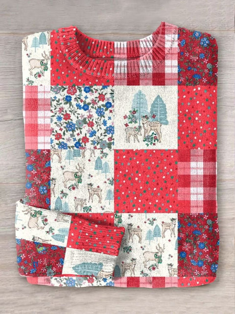 Christmas Patchwork Art  Print Knit Pullover Sweater