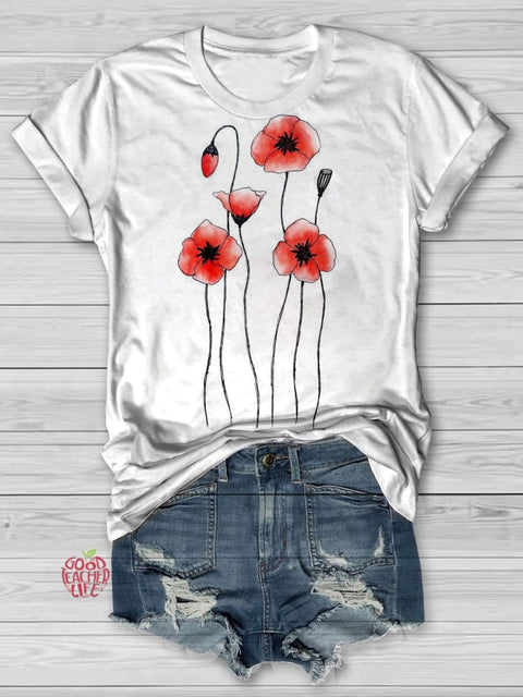 Poppy Flower Art Print Short Sleeve Casual T-shirt