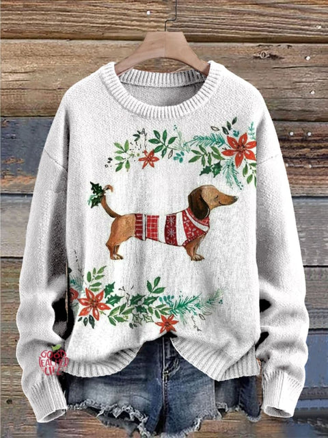 Christmas Dachshund Dog Print Knit Pullover Sweater