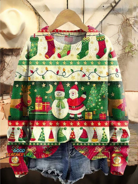 Christmas Santa Claus Elk Santa Hat Sock Print Knit Pullover Sweater