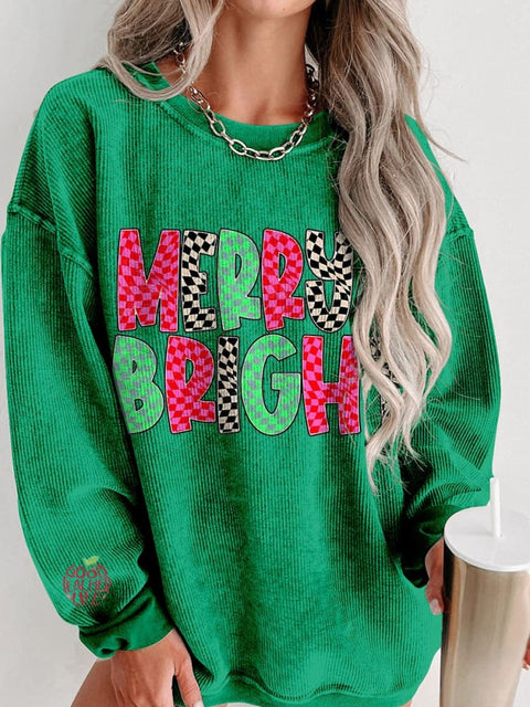 Christmas Merry and Bright Merry Women's  Casual Print Corduroy Sweatshirt