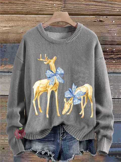 Christmas Elk Print Knit Pullover Sweater