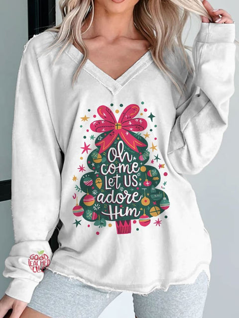 Women's Oh Come Let Us Adore Him Coquette Christmas Tree Print Long Sleeve V-neck Comfortable Cotton Shirt