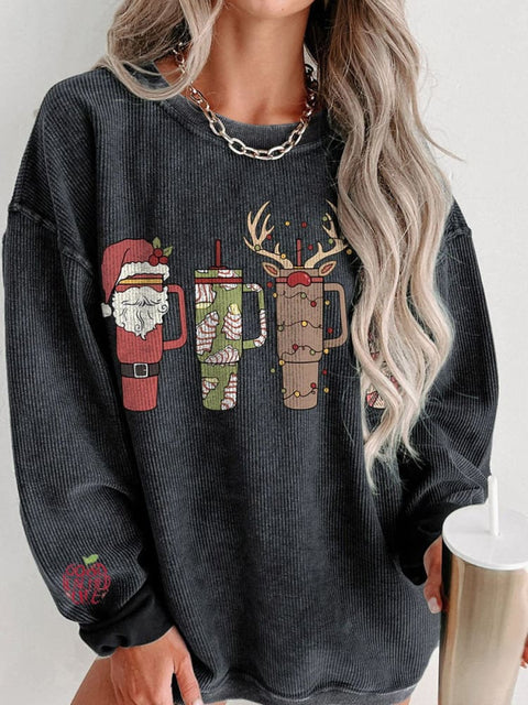 Christmas Retro Cup Women's  Casual Print Corduroy Sweatshirt