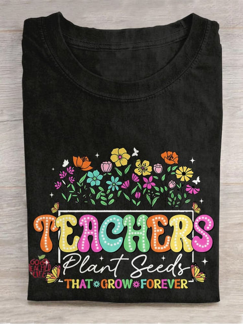 Floral Teacher Casual Print T-shirt