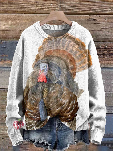 Christmas Wild Turkey Watercolor Round Neck Fashion Retro Casual Printed Sweater