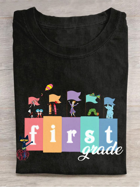 First Grade Pete The Cat Teacher Casual Print T-shirt