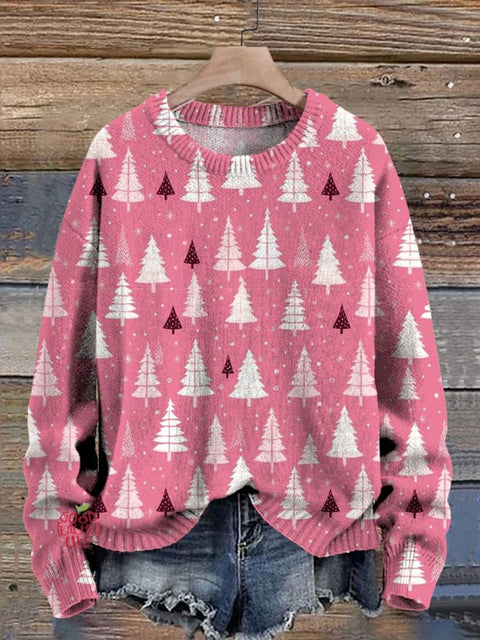 Winter Season Christmas Tree Pattern Printed Knit Pullover Sweater