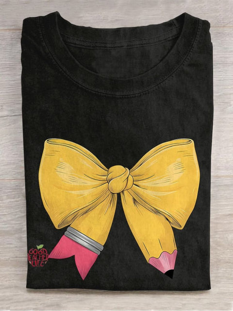 Coquette Pencil Bow Teacher Casual Print T-shirt