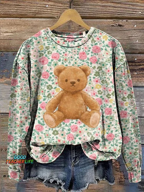 Floral and Teddy Bear Decorative Pattern Casual Sweatshirt
