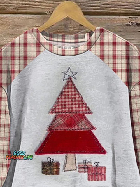 Folk Style Patchwork Christmas Tree Art Printed Casual Sweatshirt