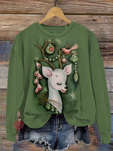 Christmas Reindeer Lantern Bell Decoration Printed Casual Sweatshirt