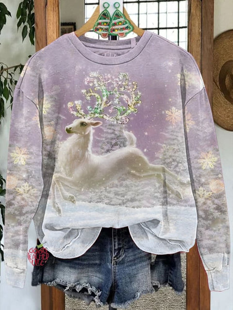 Fantasy Snowy Forest Christmas Reindeer Print Casual Sweatshirt