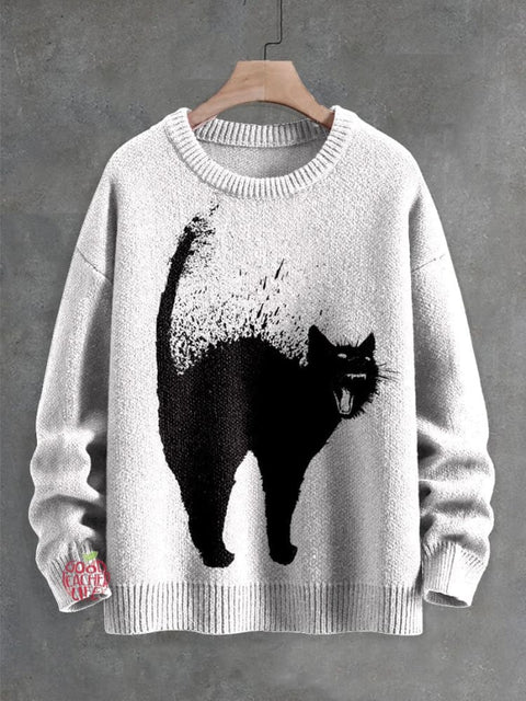 Black Cat Roaring Decorative Pattern Knit Pullover Sweater