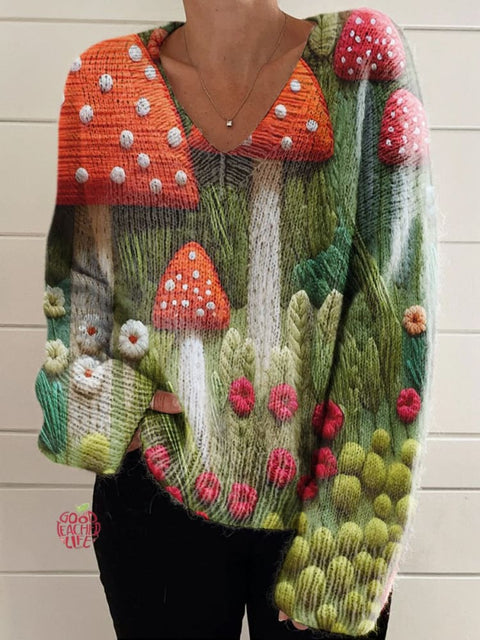 Women's Colorful Mushroom Print Casual V-neck Pullover Knit