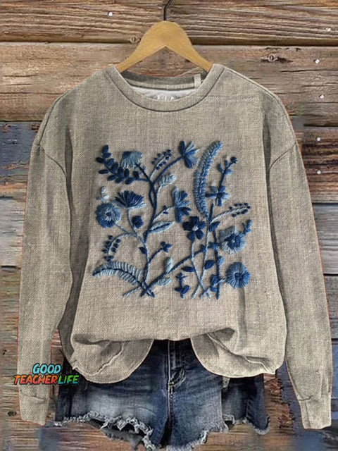Embroidery Floral Art Printed Casual Sweatshirt