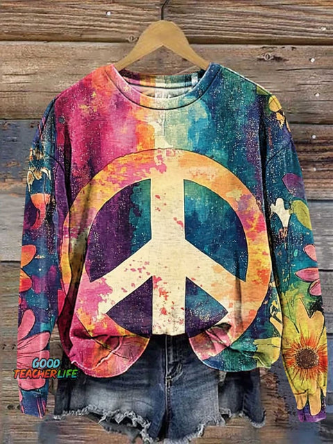 Hippie Art Peace Sign Colorful Flowers Casual Sweatshirt