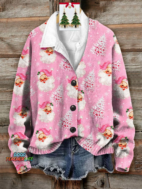 Holiday Christmas Art Print Buttoned V-neck Cardigan Sweater