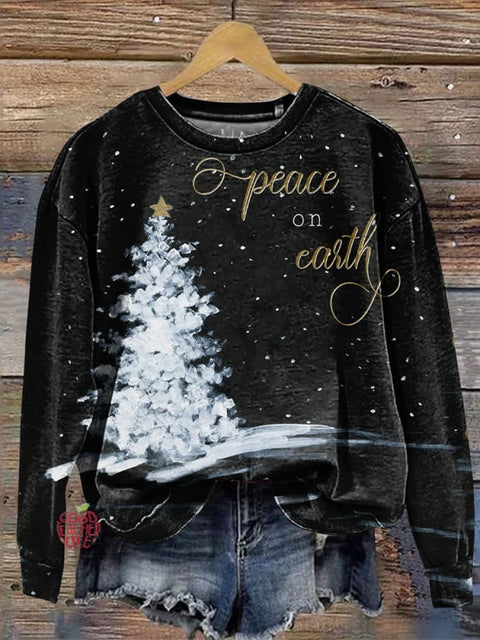 Women's Peace On Earth Tree Print Casual Crew Neck Sweatshirt