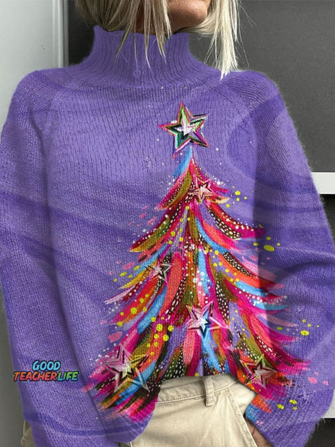 Magic Christmas Cozy Christmas Tree Print Knit Turtleneck Pullover Sweater