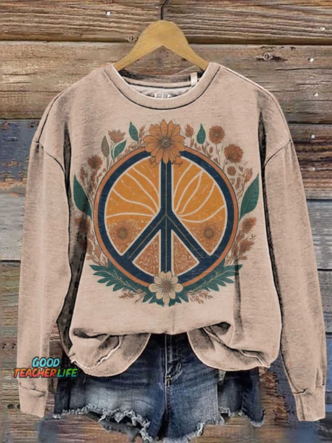 Retro Hippie Peace Sign Love and Peace Flower Casual Sweatshirt