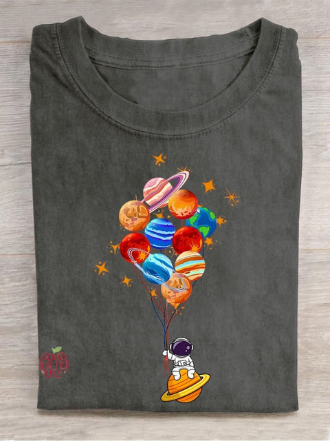 Space Balloon Astronaut Space Teacher Casual Print T-shirt