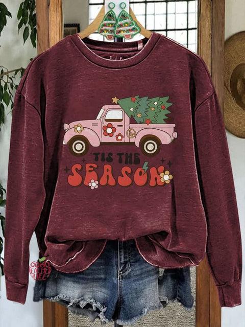 Pink Car Christmas Tree Print Casual Sweatshirt