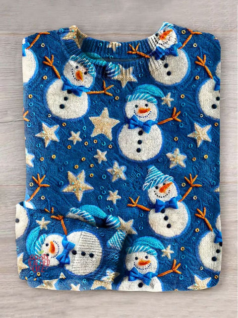 Cute Christmas Snowman Art Print Knit Pullover Sweater