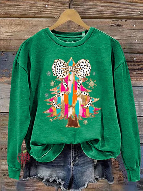 Retro Colorful Coquette Glitter Christmas Tree Print Sweatshirt