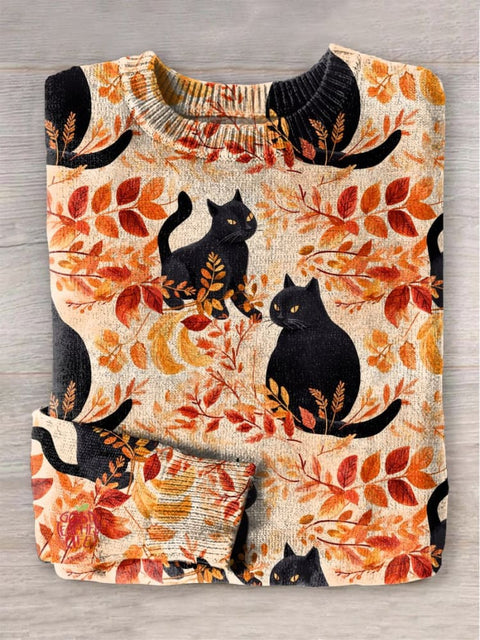 Orange Leaves Black Cat Print Knit Pullover Sweater