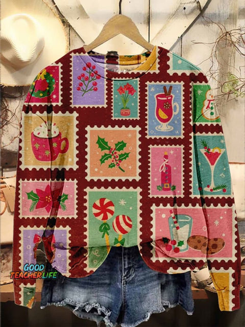 Retro Patchwork Pattern Simple Christmas Art Casual Print Sweatshirt