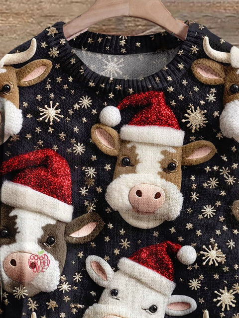 Christmas Gift Christmas Cow Art Print Knit Pullover Sweater