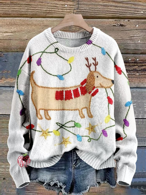 Cute Christmas Dog Print Knit Pullover Sweater