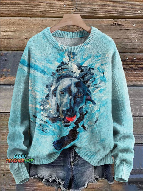 Labrador Swimming Print Knit Pullover Sweater