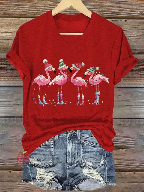 Women's Lovely Christmas Flamingo Art Print V-neck Casual T-Shirt