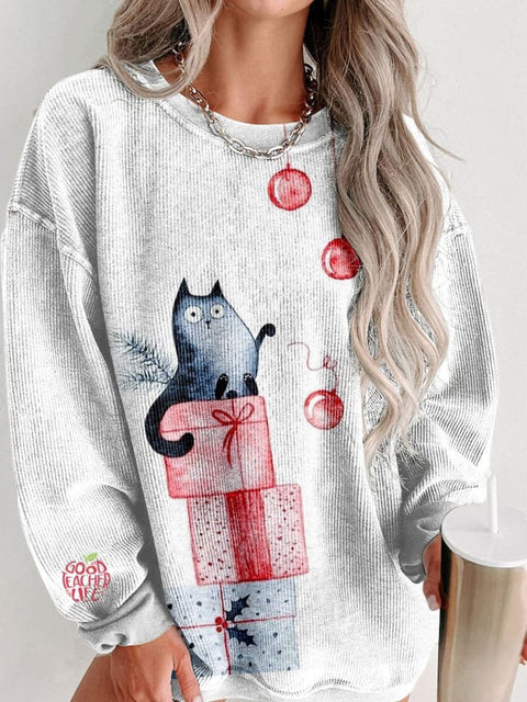 Women's Merry Christmas Cute The Cat Sits On The Gifts Casual Print Sweatshirt