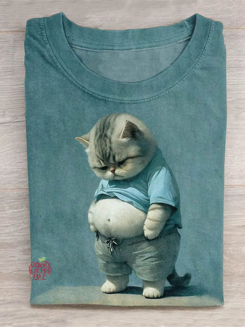 Funny Fat Cat Art Design Print T-shirt